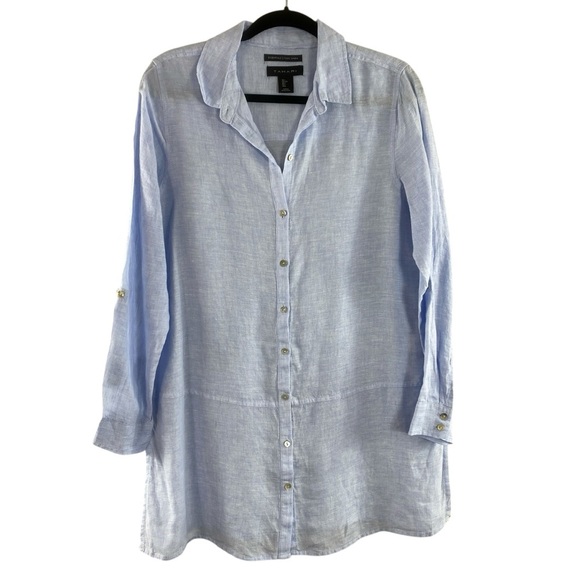 Tahari Women’s Sky Blue Gray 100% Linen Button Front Top Blouse Tunic Sz L - Picture 1 of 13